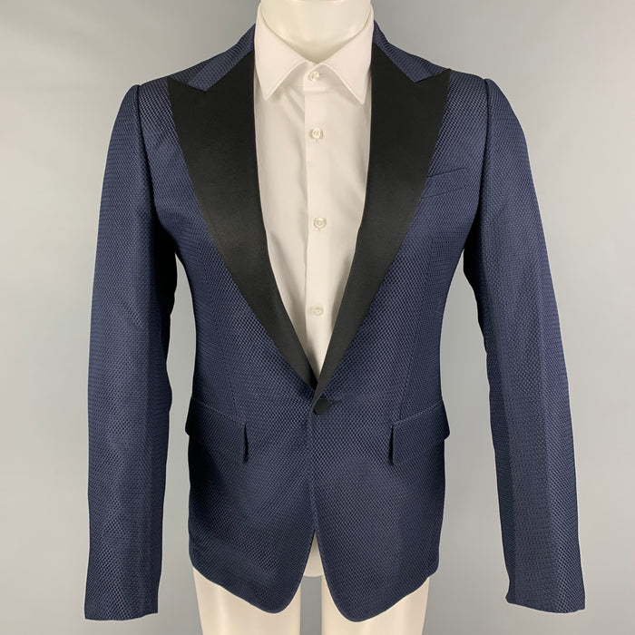 LANVIN Size 36 Navy Black Textured Silk Cotton Peak Lapel Sport Coat