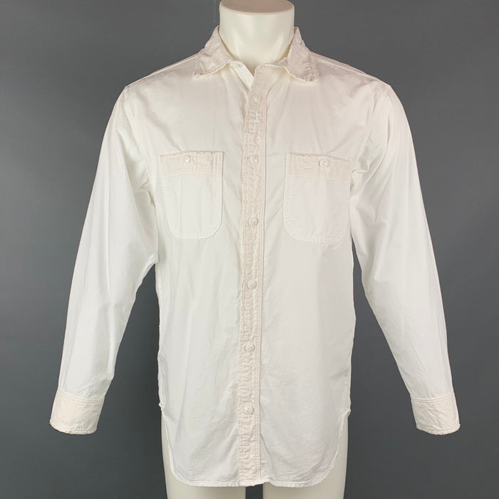 KAPITAL Size M White & Blue Patchwork Cotton / Linen Button Down Long Sleeve Shirt