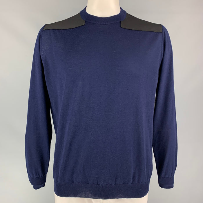 LANVIN Size XXL Navy Knitted Wool Crew-Neck Pullover