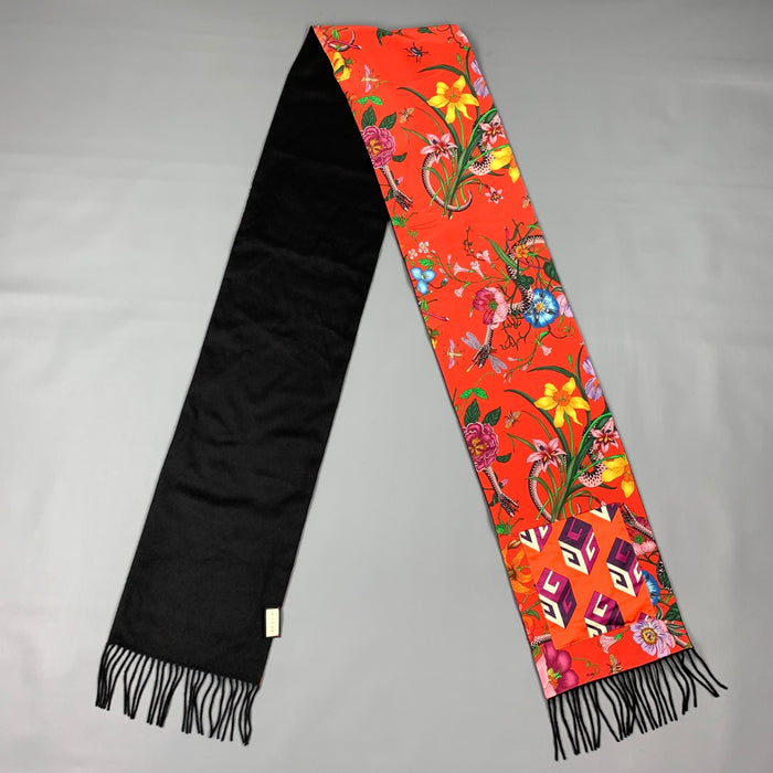 GUCCI Black & Red Silk / Cashmere Reversible Pocket Fringe Scarf