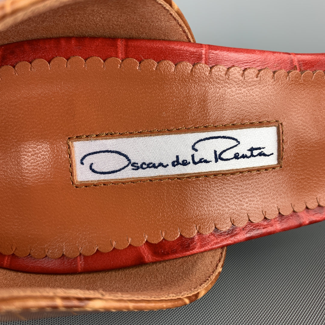 OSCAR DE LA RENTA Size 10 Brown Alligator Embossed Leather Chain Strap D'orsay Pumps