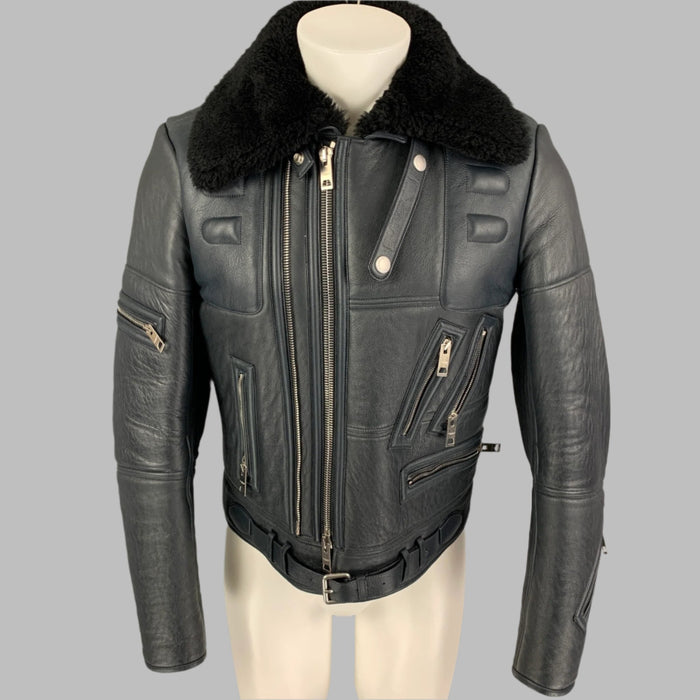 BURBERRY PRORSUM FW 2010 Size 38 Blue Black Lamb Leather Shearling Biker Jacket