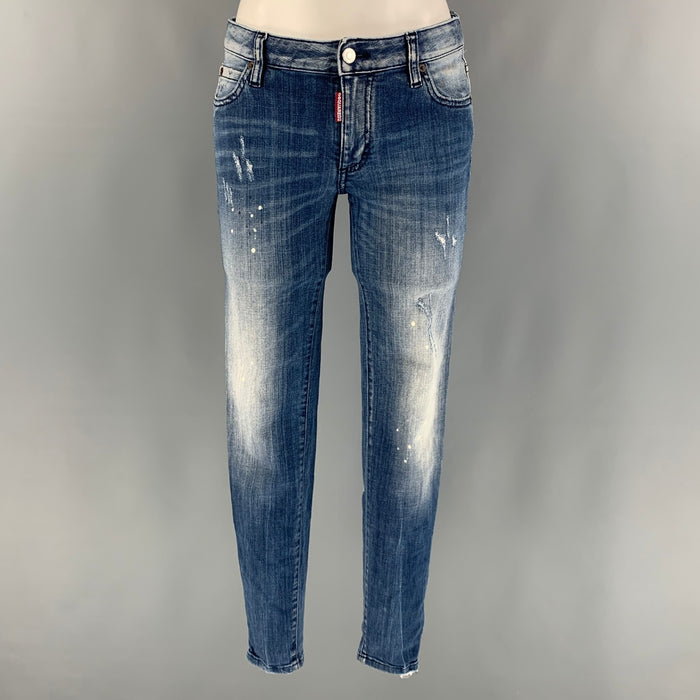 DSQUARED2 Size 6 Blue White Cotton Elastane Paint Splattered Narrow leg Jeans