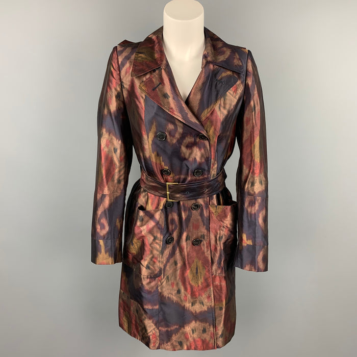 DRIES VAN NOTEN Size 6 Bronze & Brown Silk Double Breasted Belted Coat