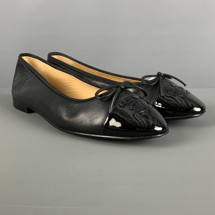 CHANEL Size 11 Black Leather Cap Toe Flats