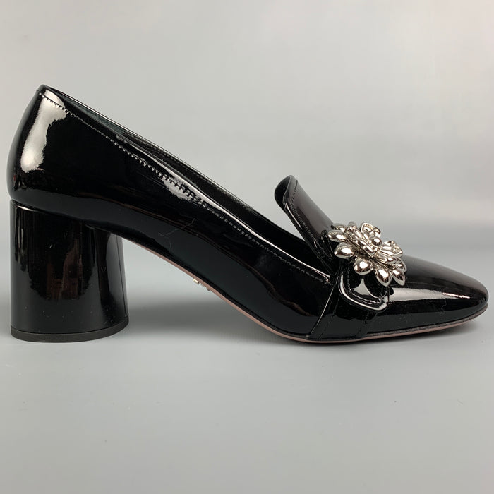 PRADA Size 7.5 Black & Silver Patent Leather Vernice Pumps