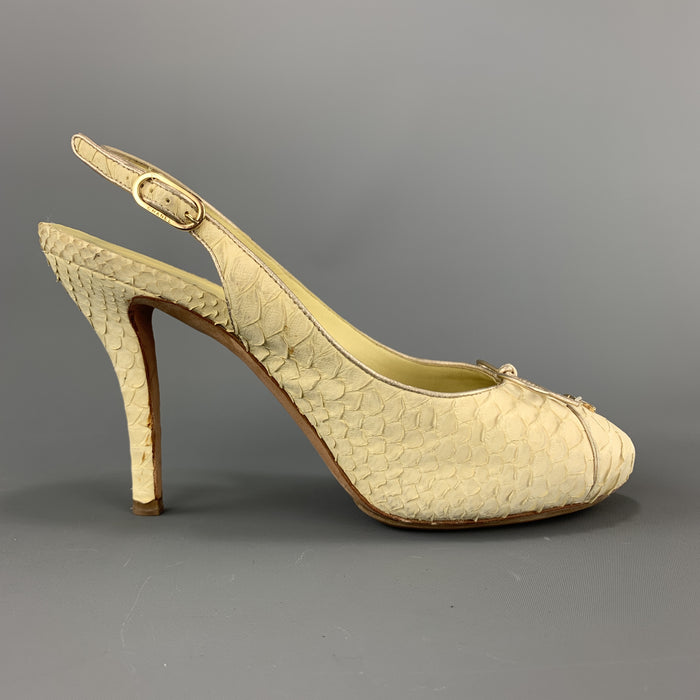 CHANEL Size 8.5 Pastel Yellow Snake Skin CC Slingback Pumps
