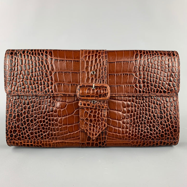 DRIES VAN NOTEN Brown Alligator Embossed Leather Clutch