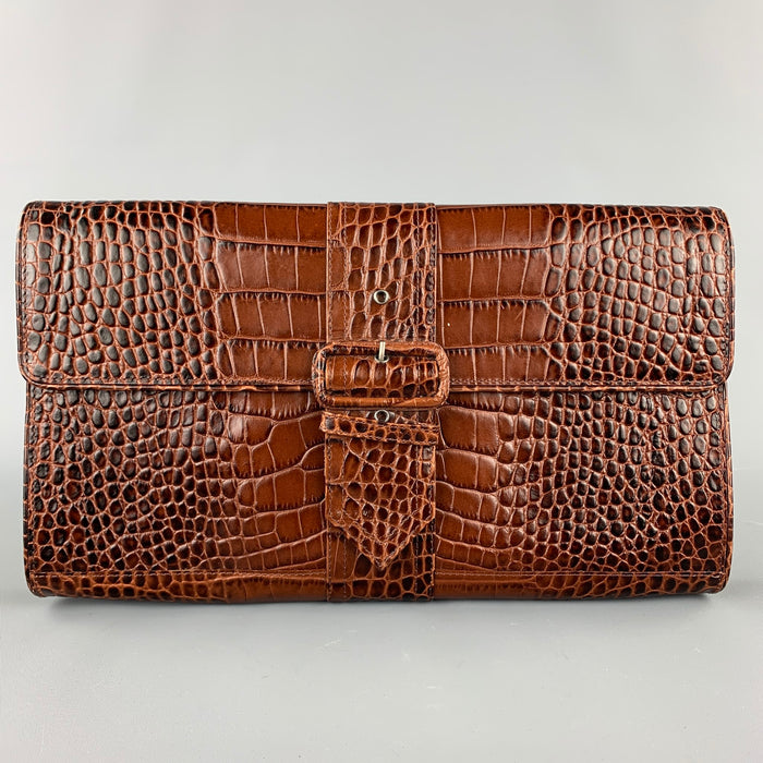 DRIES VAN NOTEN Brown Alligator Embossed Leather Clutch