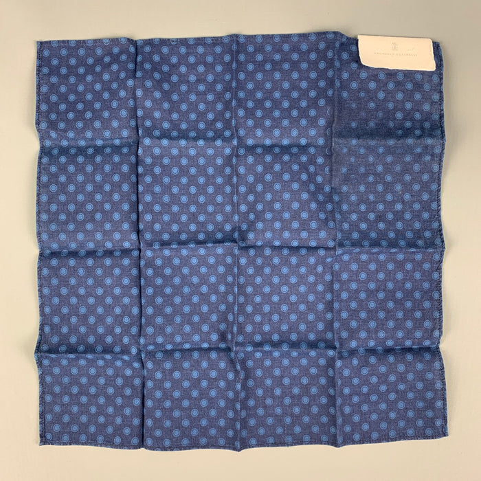 BRUNELLO CUCINELLI Navy Blue Circles Linen / Cotton Pocket Square