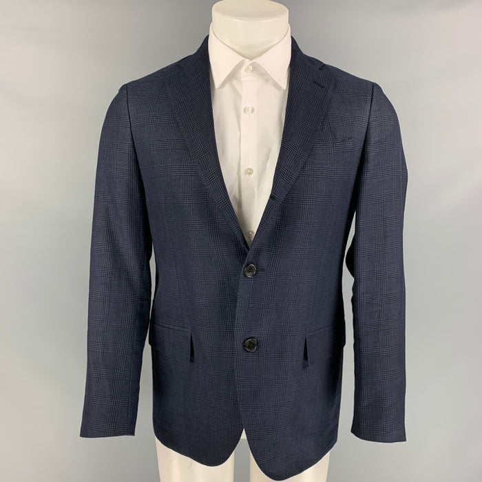 SALVATORE FERRAGAMO Size 38 Navy Plaid Linen Blend Notch Lapel Sport Coat