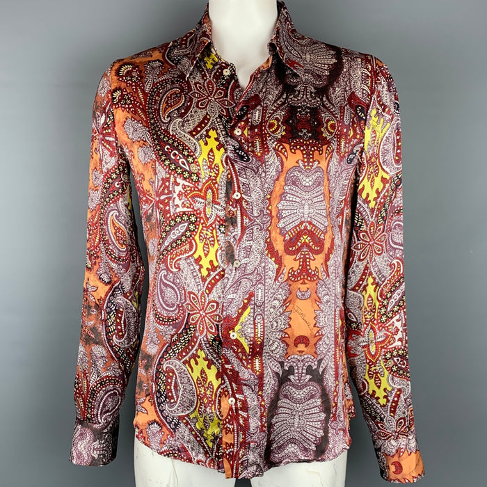JUST CAVALLI Size L Burgundy & Brown Print Silk Button Up Long Sleeve Shirt