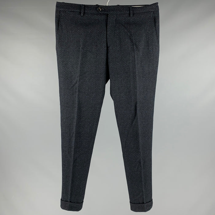 ETRO Size 34 Black Navy Herringbone Wool Blend Zip Fly Dress Pants
