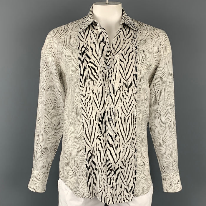 ROBERTO CAVALLI Size L White & Black Print Cotton / Silk Long Sleeve Shirt
