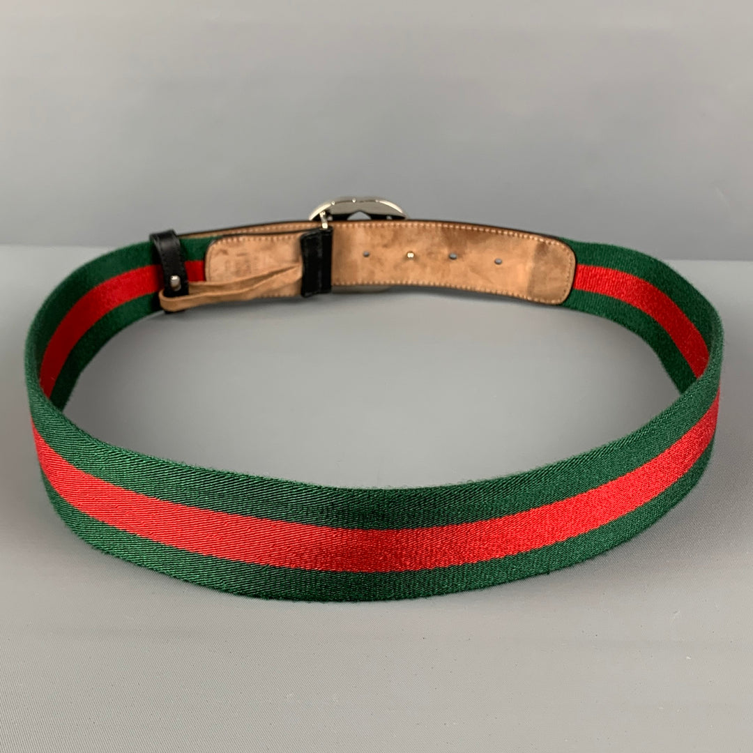 GUCCI Size 40 Green Red Stripe Fabric Leather GG Belt