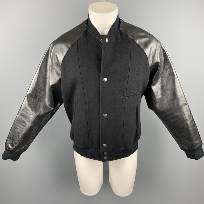 MARC JACOBS Talla 38 Chaqueta negra con mangas de cuero y mezcla de lana de materiales mixtos