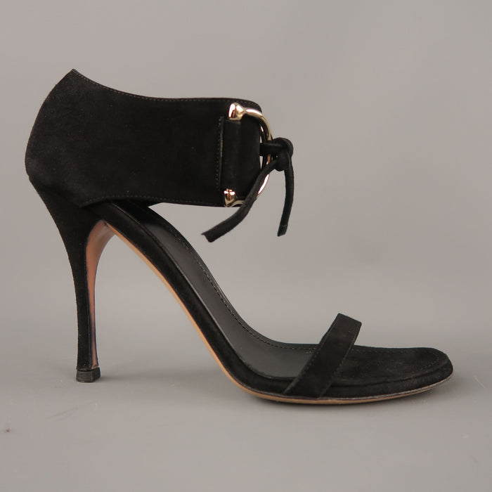 GUCCI Size 10 Black Suede Thick Gold D Loops Tied Ankle Strap Sandals