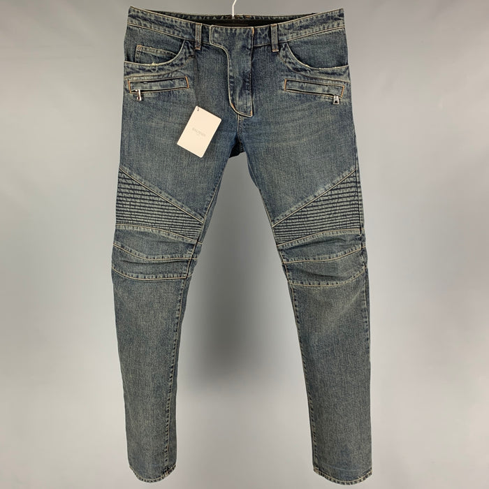 BALMAIN Size 32 Blue Cotton Motorcycle Jeans
