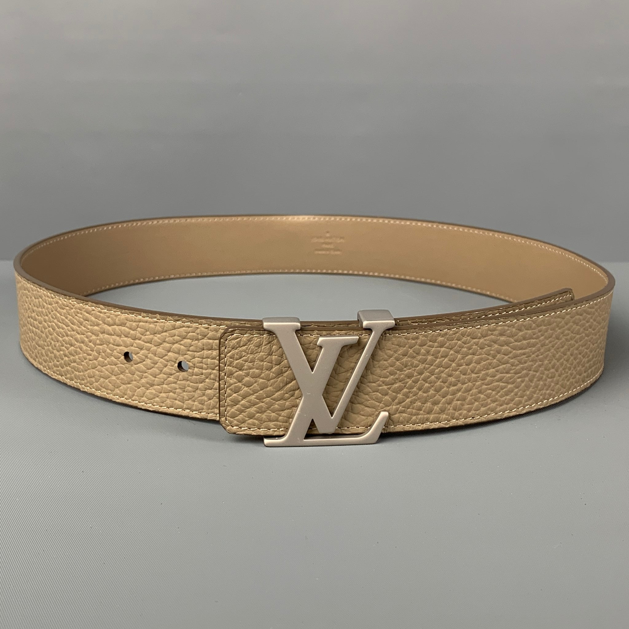 Louis Vuitton Brown Tan Textured Leather Monogram Gold Tone Buckle Belt SZ  40