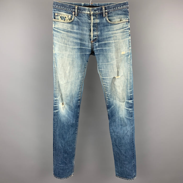 DIOR HOMME Size 32 Indigo Distressed Cotton Button Fly Jeans