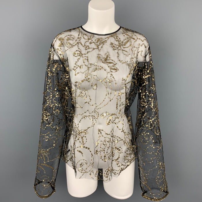 DRIES VAN NOTEN Size 6 Black & Gold Beaded Polyester Dress Top