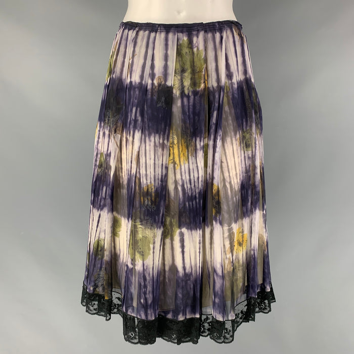 PRADA Size 4 Purple & Cream Silk Floral Pleated Skirt