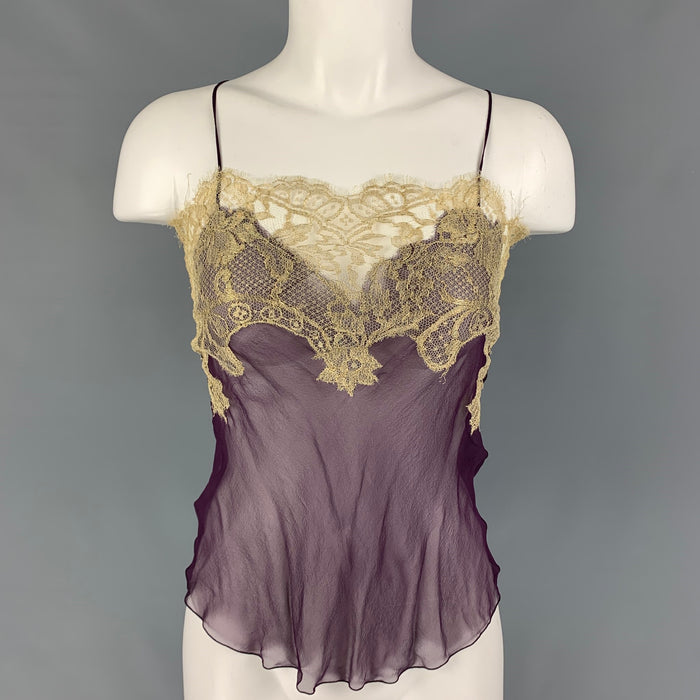 SALVATORE FERRAGAMO Size 2 Eggplant Gold Silk Lace Camisole Dress Top