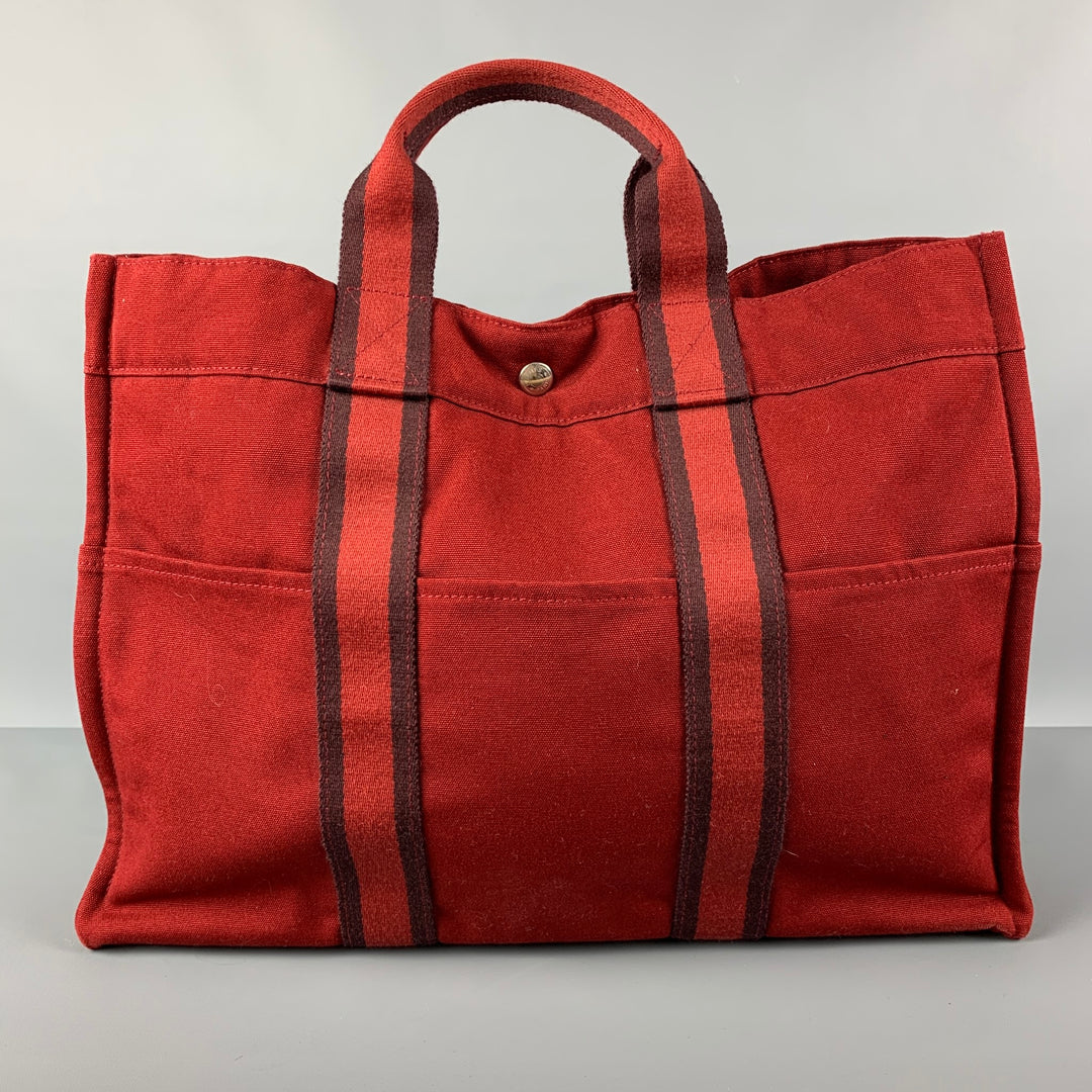 HERMES Tout Fourre Burgundy Cotton Canvas Tote Bag