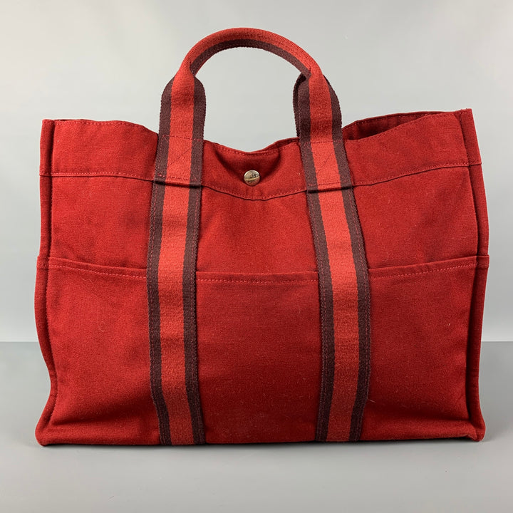 HERMES Tout Fourre Burgundy Cotton Canvas Tote Bag