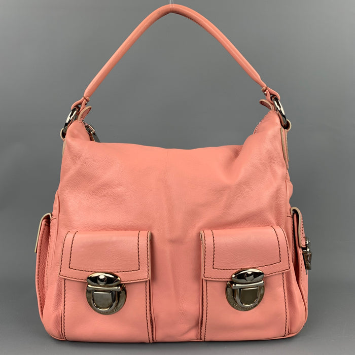 MARC JACOBS Bolso de mano con asas superiores de cuero con puntadas en contraste rosa