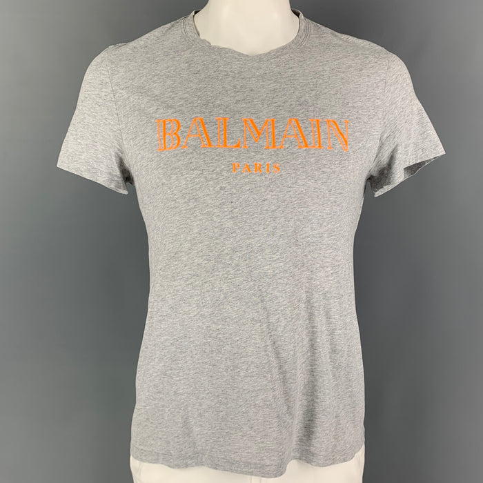 BALMAIN Size XL Grey Orange Logo Cotton T-shirt