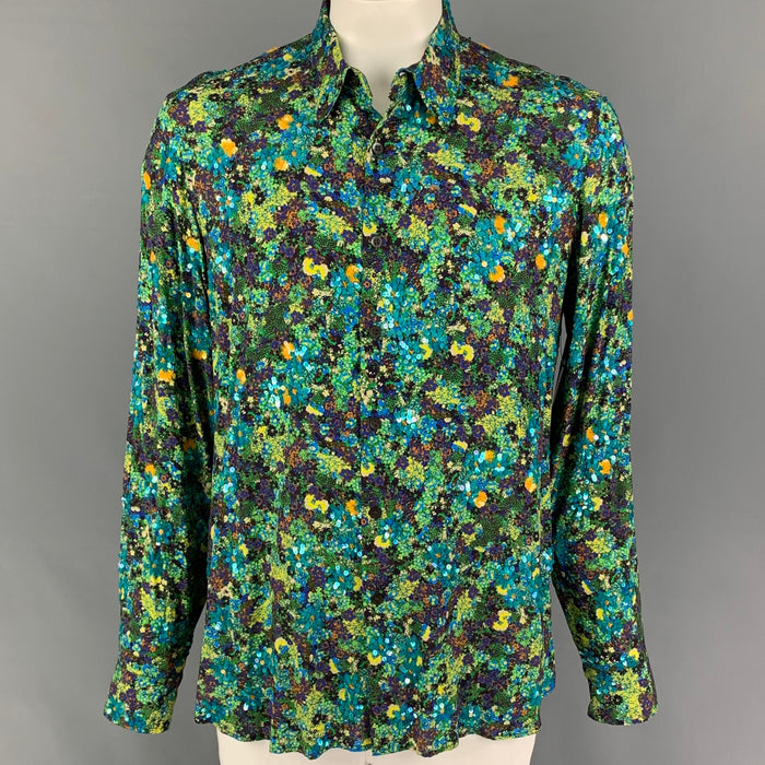 DRIES VAN NOTEN SS 20 Size XL Green Blue Sequined Viscose Button Up Long Sleeve Shirt