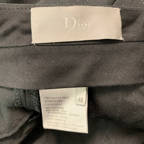 Christian Dior interior label and composition tag showing Made in Italy, size 46, and polyester-wool-elastane blend.