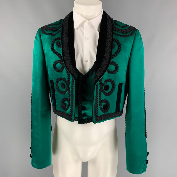 DOLCE & GABBANA SS 15 Talla 40 Chaqueta Torero bordada de seda negra verde esmeralda