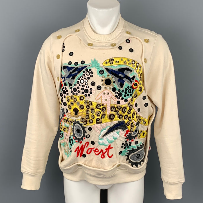 WALTER VAN BEIRENDONCK Woest F/W 16 Size M Cream Embroidery Cotton Crew-Neck Sweatshirt