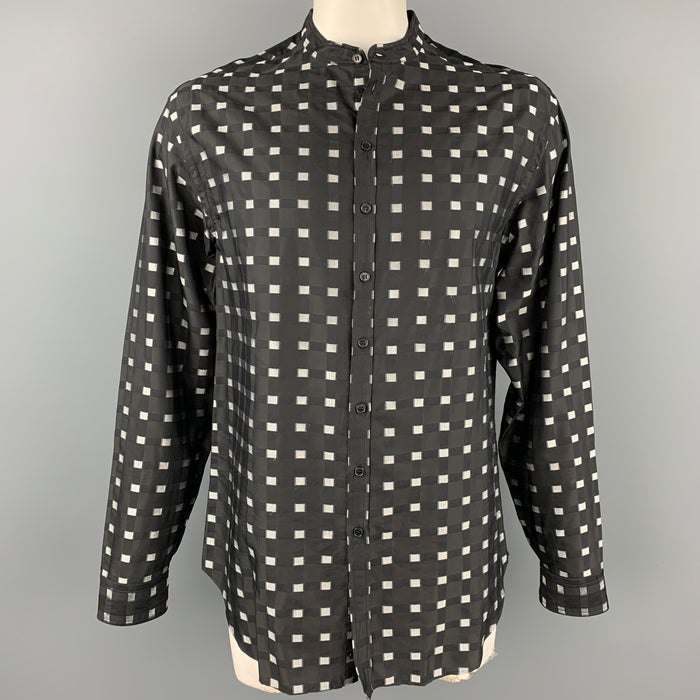 ARMANI COLLEZIONI Size XL Black & Silver Checkered Cotton / Viscose Nehru Collar Long Sleeve Shirt