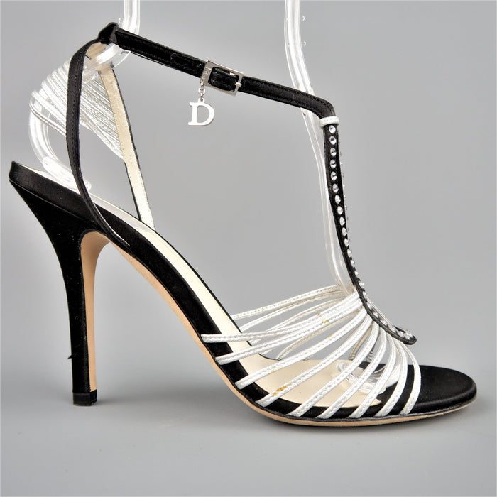 CHRISTIAN DIOR Size 9.5 Black & Silver Silk & Leather Rhinestone T Strap Sandals