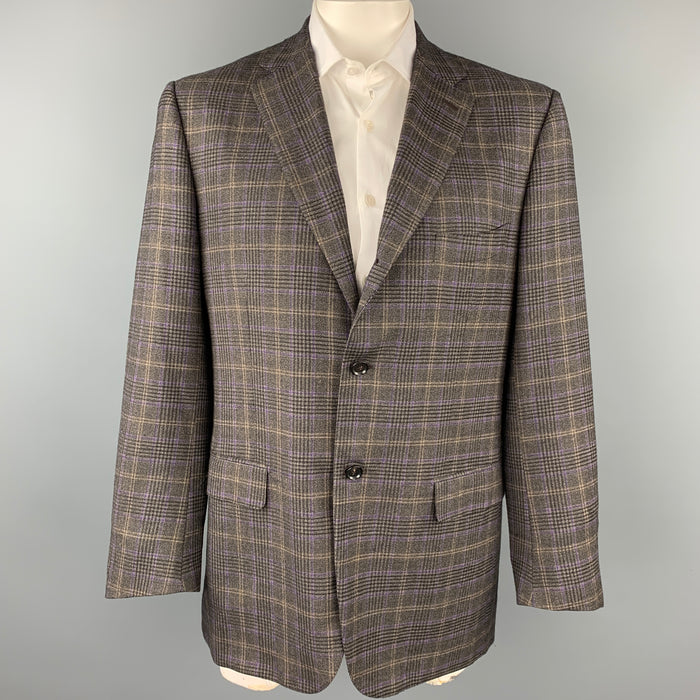 ISAIA Size 46 Charcoal & Purple Plaid Wool / Cashmere Notch Lapel Sport Coat