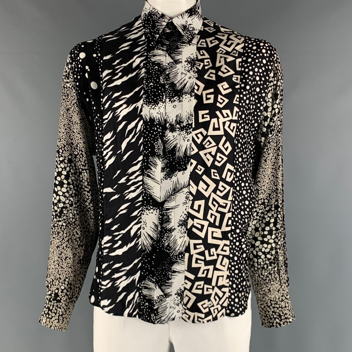 GIVENCHY Size S Black White Mixed Fabrics Silk Button Up Long Sleeve Shirt