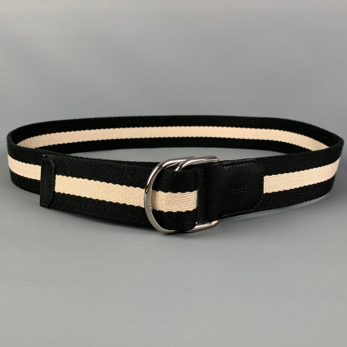 BALLY Size 36 Black White Fabric Double Ring Belt