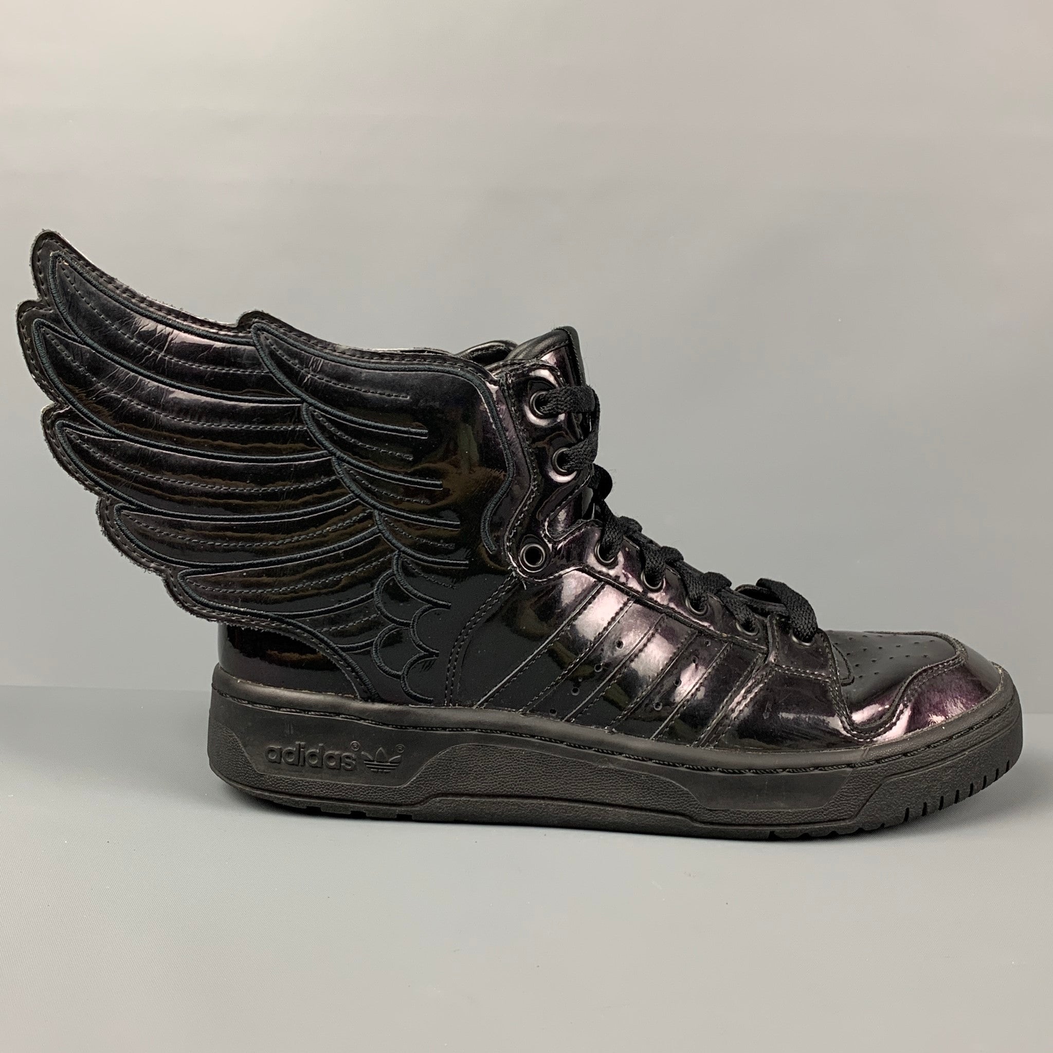 JEREMY SCOTT x ADIDAS Size 9 Black Patent Leather High Top Sneakers Sui Generis Designer Consignment JEREMY SCOTT x ADIDAS Size 9 Black Patent Leather High Top Sneakers Sui Generis Designer Consignment
