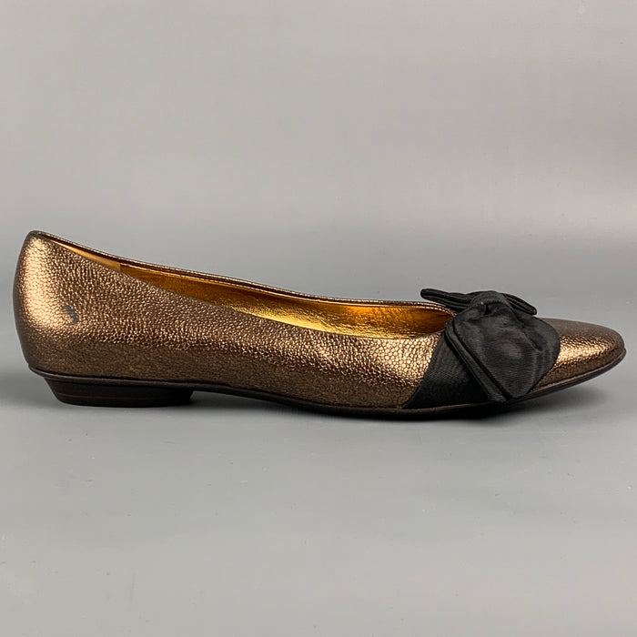 SALVATORE FERRAGAMO Size 7.5 Gold & Black Leather Silk Bow Flats