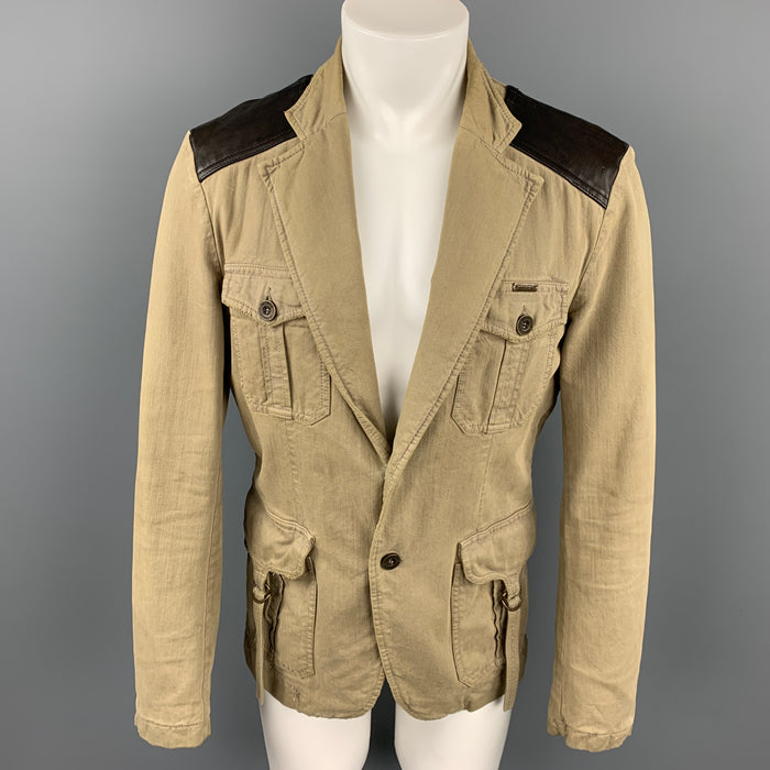 JUST CAVALLI Size L Khaki & Brown Mixed Fabrics Cotton Jacket
