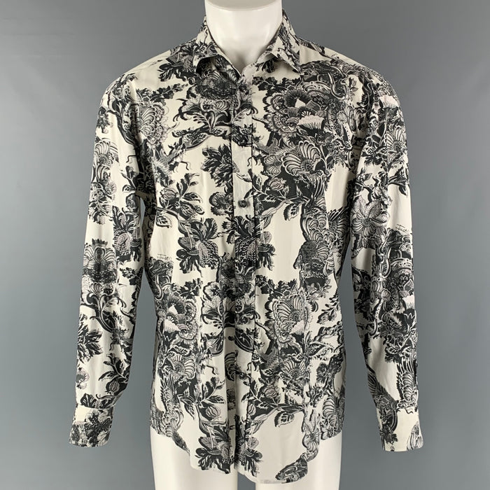 JUST CAVALLI Size M Black White Floral Cotton Elastane Long Sleeve Shirt
