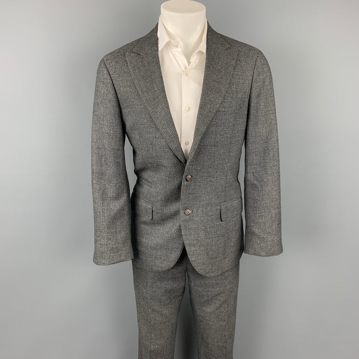 BRUNELLO CUCINELLI for WILKES BASHFORD Size 38 Charcoal & Grey Glenplaid Wool Blend Peak Lapel Suit