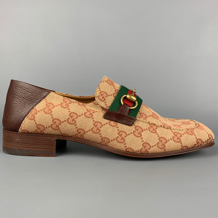 GUCCI Size 9 Tan & Brown Monogram Canvas Slip On Horsebit Loafers