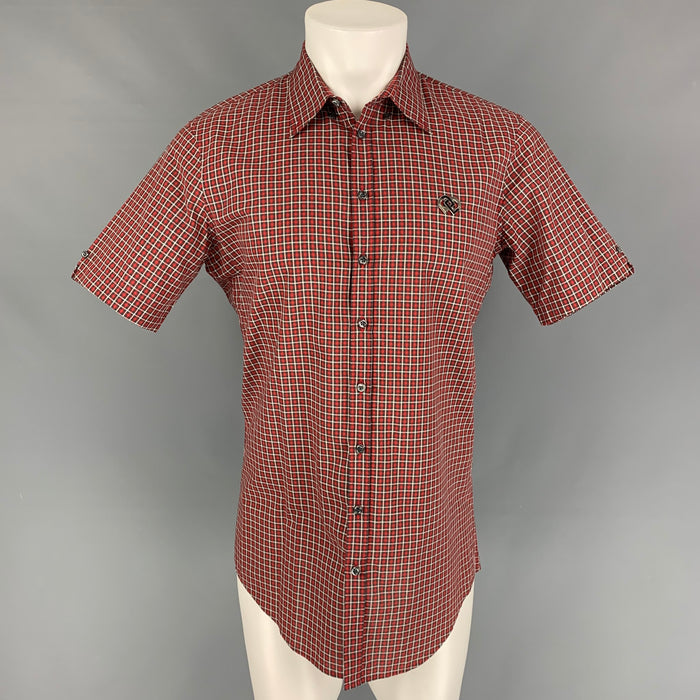 DSQUARED2 Size L Red Black White Checkered Cotton Short Sleeve Shirt