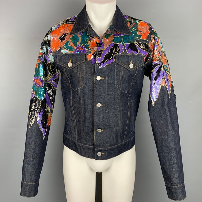 DRIES VAN NOTEN Size S Indigo Sequined Denim Voste Emt Trucker Jacket