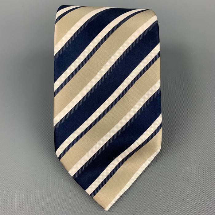ERMENEGILDO ZEGNA Navy & Taupe Diagonal Stripe Silk Tie