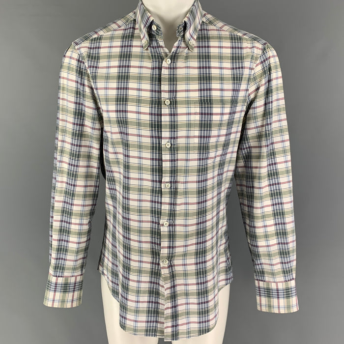 BRUNELLO CUCINELLI Talla M Camisa de manga larga con botones de algodón a cuadros azul marino blanco
